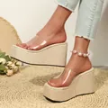 Detailed side view of transparent wedge sandals with thick straw woven platform soles. - Apricot
