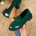 Elegant vintage dark green patent leather loafers with bow detail and thick rubber sole - 38 / Bowknot Decoration Style / Green