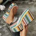 High-end colorful striped platform wedge sandals with transparent PVC strap for women - Green