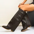 Dark brown retro pant-leg boots with pointed toe and triple buckle straps for women - 36 / Brown