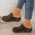 Women's wedge platform mules in dark brown with decorative white stitching detail - 36 / Coffee