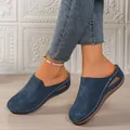 Stylish navy blue faux suede wedge clogs for women featuring elegant contrast stitching detail - 36 / Sapphire Blue