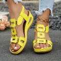 Stylish bright yellow peep toe wedge sandals featuring golden metal buckles and elastic back - Yellow