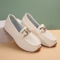 Cream white platform loafers for women with gold metal chain link buckle detail. - 36 / White