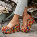 Detailed view of women's platform wedge sandals with rainbow pattern and clear strap. - 36 / Yellow