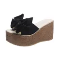 Stylish black platform wedge sandal with a large bow and straw-textured heel for summer. - 34 / Black
