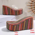Colorful striped wedge sandals with clear PVC strap and 10cm high platform heels. - 36 / Pink