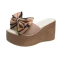 Summer platform wedge sandals for women featuring a large bow and straw woven sole - 34 / Pink