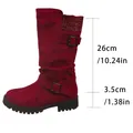 Wine red suede mid-calf boots with buckle and knitted cuff, features 3.5cm heel height - 36 / Burgundy