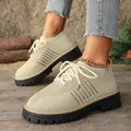 Beige fly-knit lace-up platform leisure shoes for women with breathable mesh. - Beige