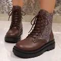 Brown platform combat boots featuring colorful glitter side panels and lace-up closure. - Dark Brown