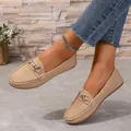 Elegant beige women's casual loafers featuring metal buckle and soft flat sole design - 36 / Khaki