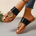 Stylish black crocodile texture flat thong sandals for women with large gold metal disc ornament - 36 / Black