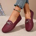 Burgundy casual loafers for women featuring elegant butterfly metal buckle and soft sole - Dark Red
