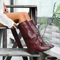 Western burgundy pointed toe tall boots for women with chunky heels and pant-leg design - 36 / Red Leather