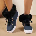 Detailed view of navy blue winter boots with fluffy black faux fur collar and laces - 36 / Blue