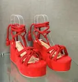 Vibrant red suede platform wedge sandals featuring intricate rope lace-up strap details - 35 / Red