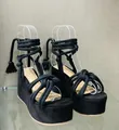 Stylish black platform wedge sandals featuring braided rope wrap-around tie-up straps and tassels - 35 / Black