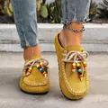 Yellow suede platform clogs for women with colorful bead accents and rope laces. - 36 / Yellow