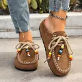 Brown suede platform clogs for women with colorful beads and white stitching - Camel