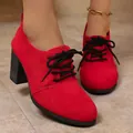 Chic red suede lace-up high-heeled pumps with a chunky black block heel for women - 36 / Red