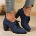 Elegant navy blue suede lace-up high-heeled shoes featuring a stylish chunky heel design - 36 / Blue
