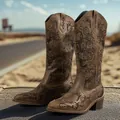 Vintage brown women's western cowboy boots with floral embroidery and chunky mid-heels - 36 / Khaki