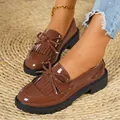 Retro brown patent leather tassel loafers for women with bow knot and thick lug sole - 36 / Brown Tassel