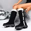 Women's black suede snow boots with white faux fur trim and buckle detail - 36 / Black