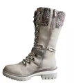 Light grey women's mid-calf knight boots with knitted cuff and belt buckle detail - 36 / Gray