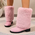 Elegant pink fluffy faux fur high-top boots with chunky black heels and comfortable round toes - 36 / Pink