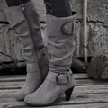 Élégantes bottes hautes plissées grises à talons avec boucles rondes décoratives pour femmes - 36 / Gris