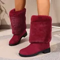 Stylish wine red faux fur high boots with chunky heels and suede stitching design - 36 / Red