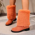 Vibrant orange faux fur tall boots featuring a thick heel and round toe for winter fashion - 36 / Orange