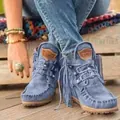 Close-up of blue fringe western ankle boots with moccasin stitching details - 35 / Blue