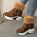 Stylish leopard print snow boots with faux fur collar and thick platform wedge heel - Brown Leopard Print