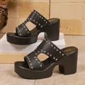 Black studded platform wedge sandals with chunky heels and open toe design - 36 / Black