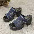 Stylish blue studded open-toe platform wedge sandals for women with thick high heels - 36 / Blue