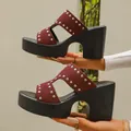 Stylish wine red studded platform chunky heel sandals featuring a chic open toe design for women - 36 / Burgundy