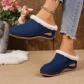 Zuecos con cuña azul marino con forro cálido de piel sintética para mujer, invierno - 36 / Azul