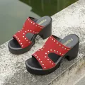 Red faux suede studded platform block heel mule sandals with open toe design for women - 36 / Red