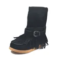 Close-up detail of women's black suede mid-calf boots with fringe and belt buckle. - 36 / Black