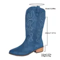 Blue suede embroidered pointed toe mid-calf cowboy boots with low heel and measurements - 36 / Dark Blue