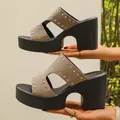 Elegant beige suede platform mules with silver rivet details and chunky high heels for women. - Khaki