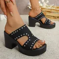 Women's black high block heel platform mules featuring silver rivet studs and open toe design - Black Fabric