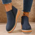 Navy blue platform wedge ankle boots featuring side zipper and vibrant striped thick sole - 36 / Blue