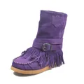 Stylish premium purple suede mid-calf boots featuring boho fringe and metal buckle - 36 / Purple