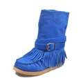 Stylish royal blue suede mid-calf boots for women featuring fringe and a belt buckle - 36 / Blue