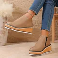 Close-up of tan platform wedge ankle boots with side zipper and layered sole details - 35 / Khaki