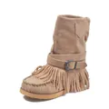Women's stylish khaki suede fringe mid-calf boots with a decorative belt buckle strap - 36 / Khaki
